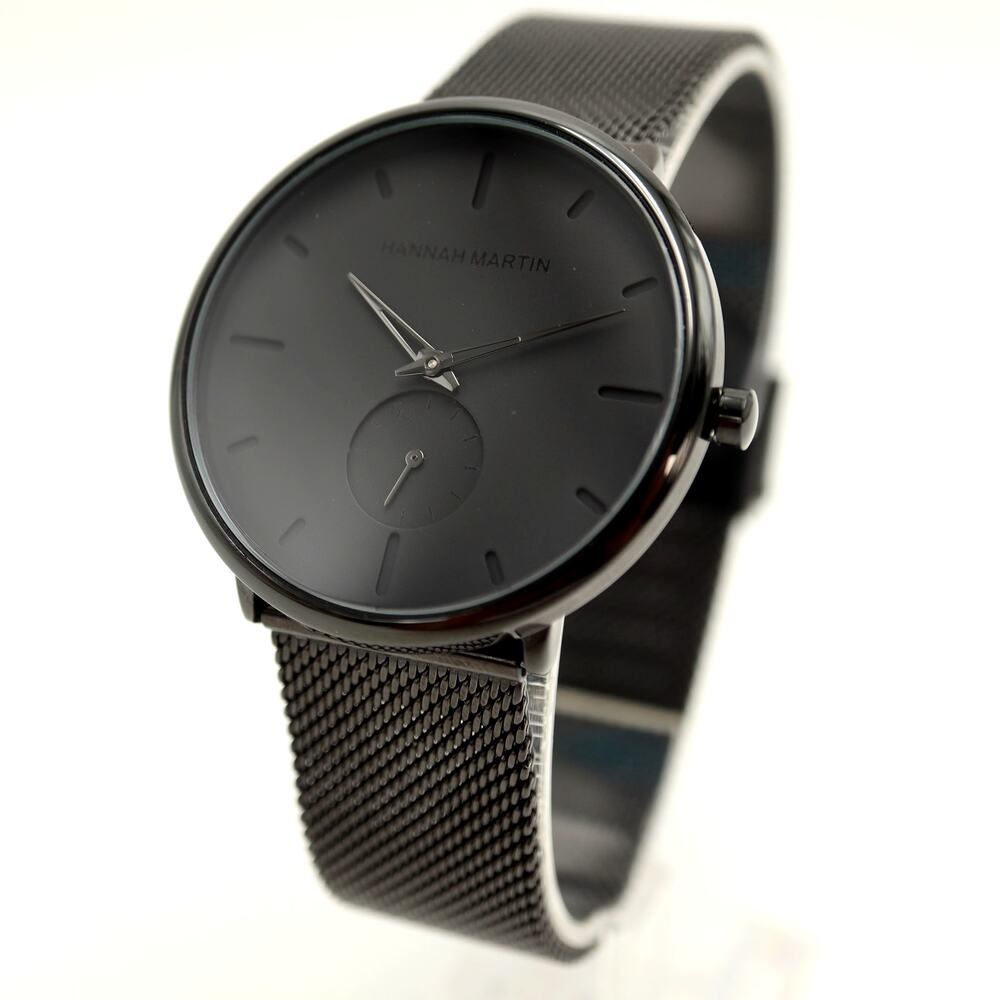 Hannah Martin Men's 40mm Black Slim Watch Small Seconds Steel Mesh w New Battery